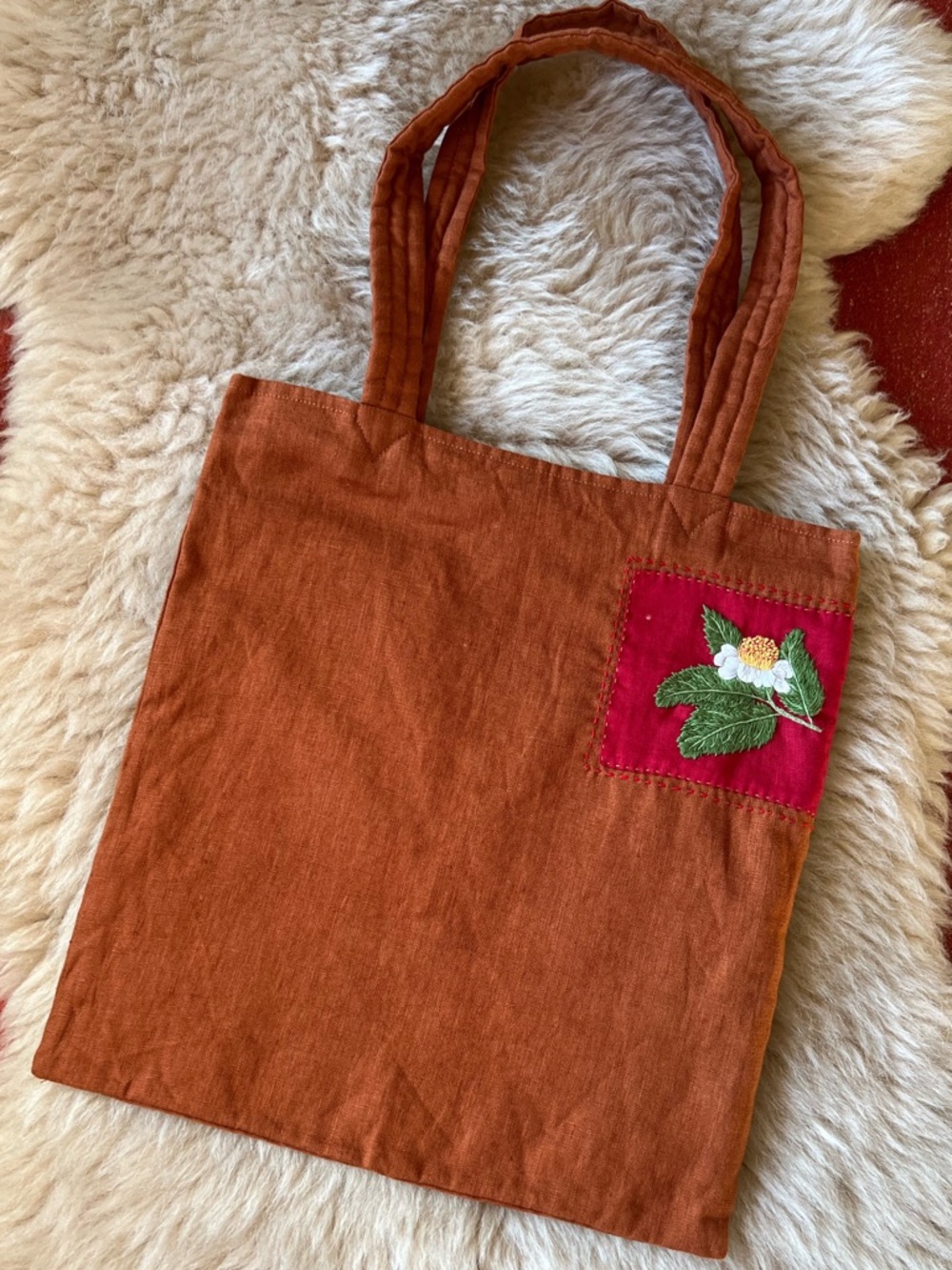 Embroidered Flower Patch Linen Tote in Rust